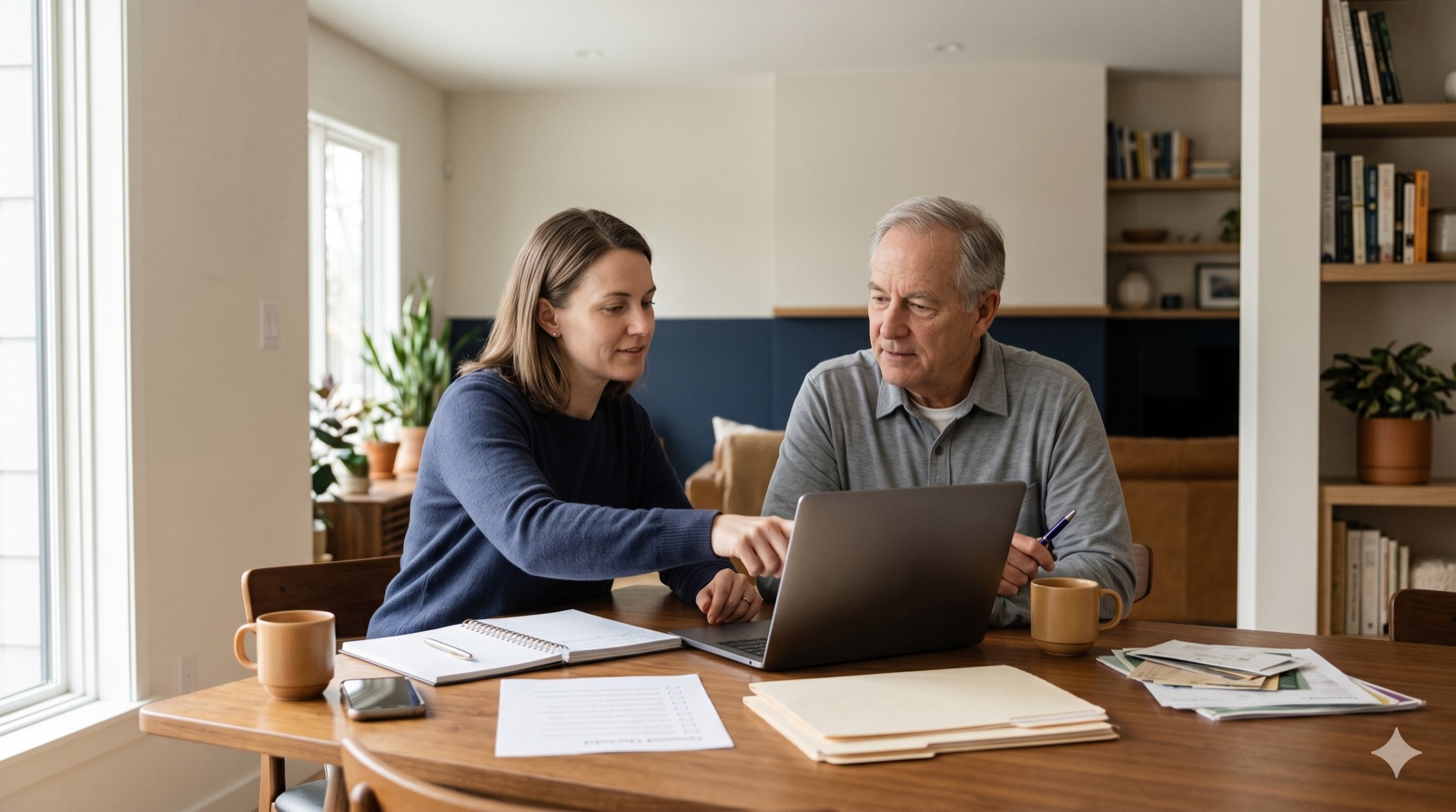 An adult daughter and her aging father review a list of old online accounts together on a laptop at a kitchen table.